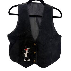 Vintage Looney‎ Tunes Sylvester Cat Embroidered Black Suede Vest Size S/M